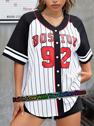 Imagen 2 del producto Camiseta de béisbol Boston número 92 para mujer, Jersey de béisbol con botones, ropa de calle deportiva, camiseta de entrenamiento informal de gran tamaño