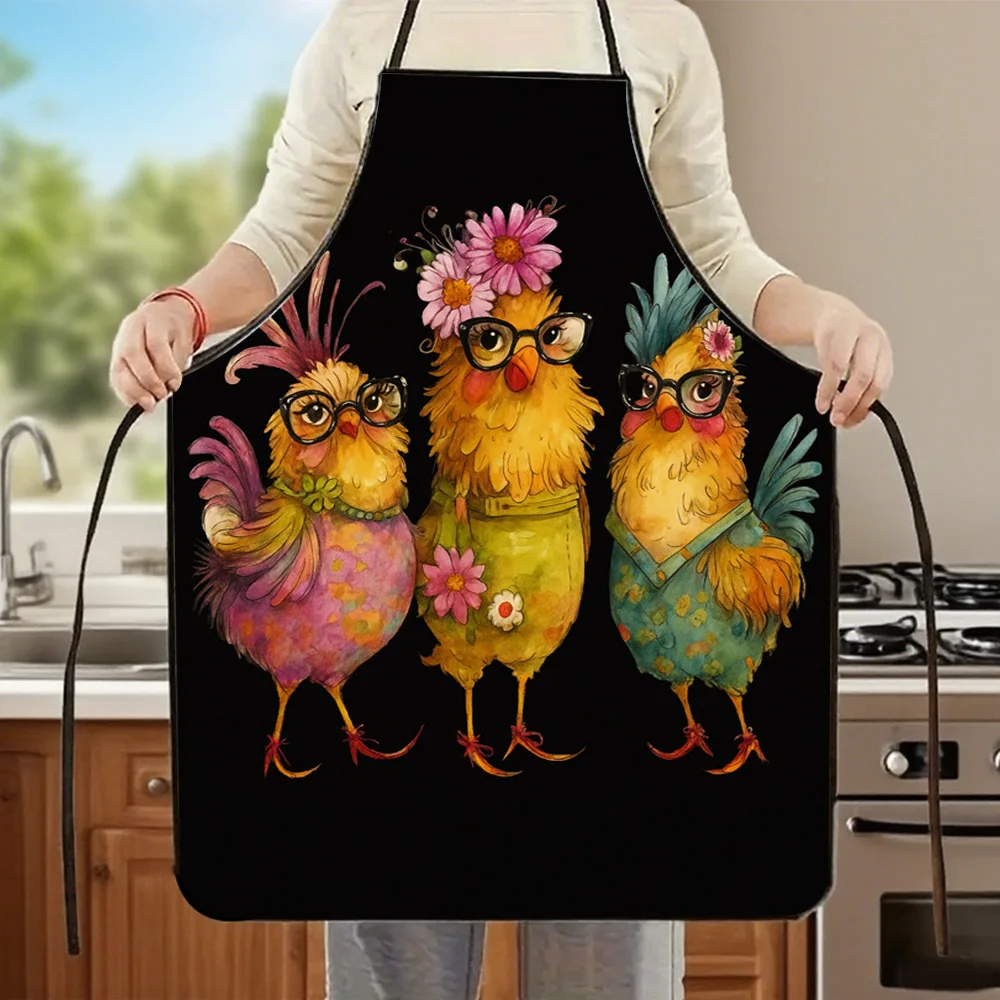 1pc Cute Chicken Apron With 3 Adorable Rooster & Chick Design - & -Friendly Adjustable Cross-Back Kitchen Apron Durable Cooking