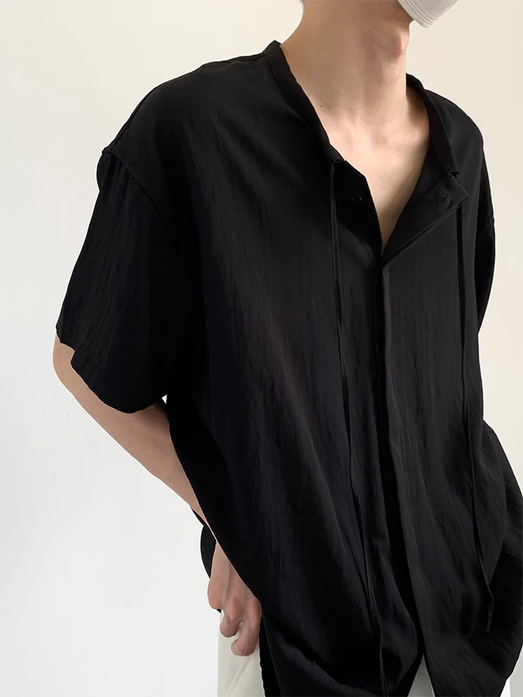 Chic Mandarin Collar Shirt for Men Women Summer Oversized Loose-Fit Casual Short Sleeve Blouse Minimalist Drawstring Top