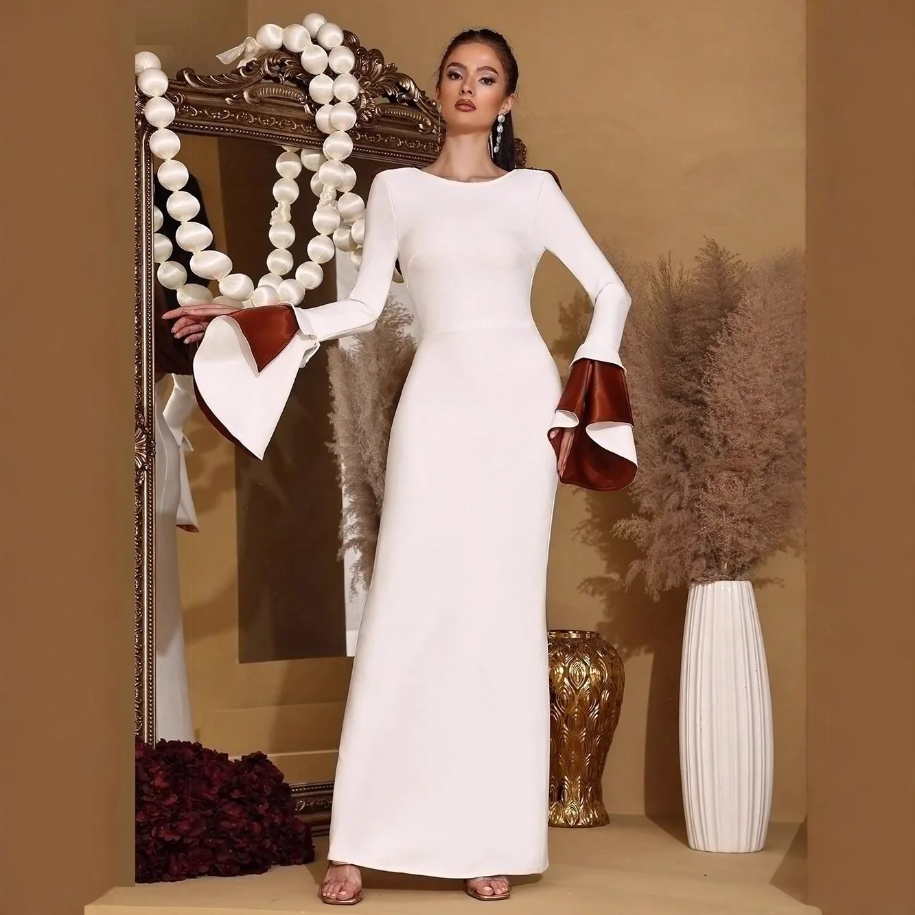 American Style Elegant Fashion Sexy Bandage Dress Patchwork Long Sleeve High Waist Slim Bodycon White Long Evening Dress Women