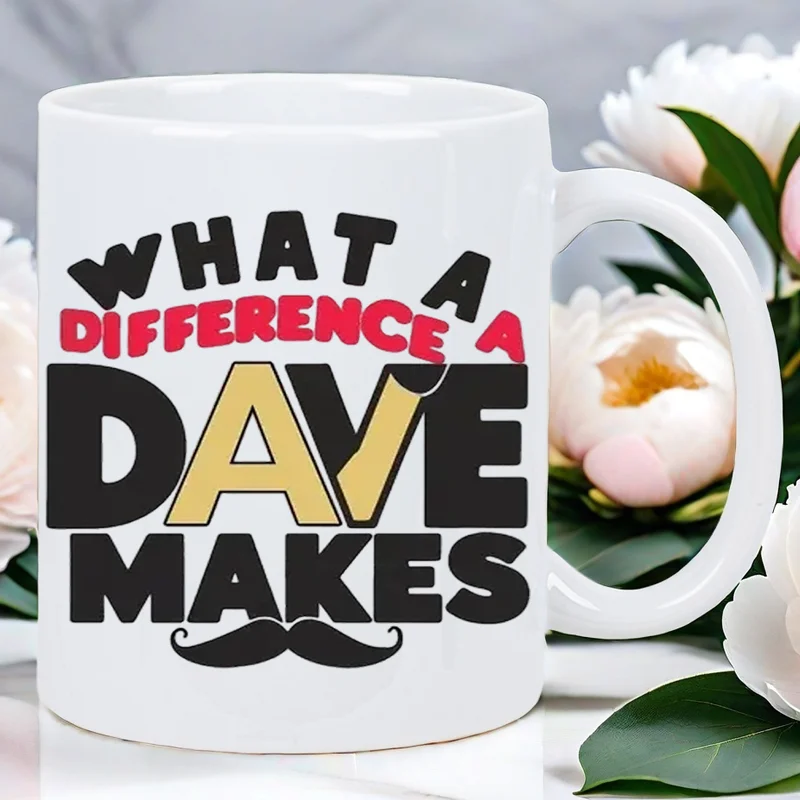كوب قهوة سعة 11 أونصة من DAVE MAKES - كوب سفر معزول وقابل لإعادة الاستخدام مع "What a Difference a Dave Make" برسومات شارب، غسيل يدويًا