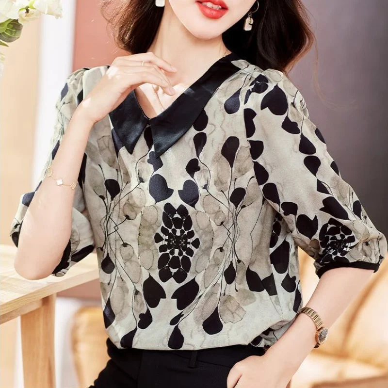 2024 Summer New Women\'s Blouse Korean Pullovers Peter Pan Collar Printed Spliced Half Sleeve Fashion All-match Slim Shirt Tops