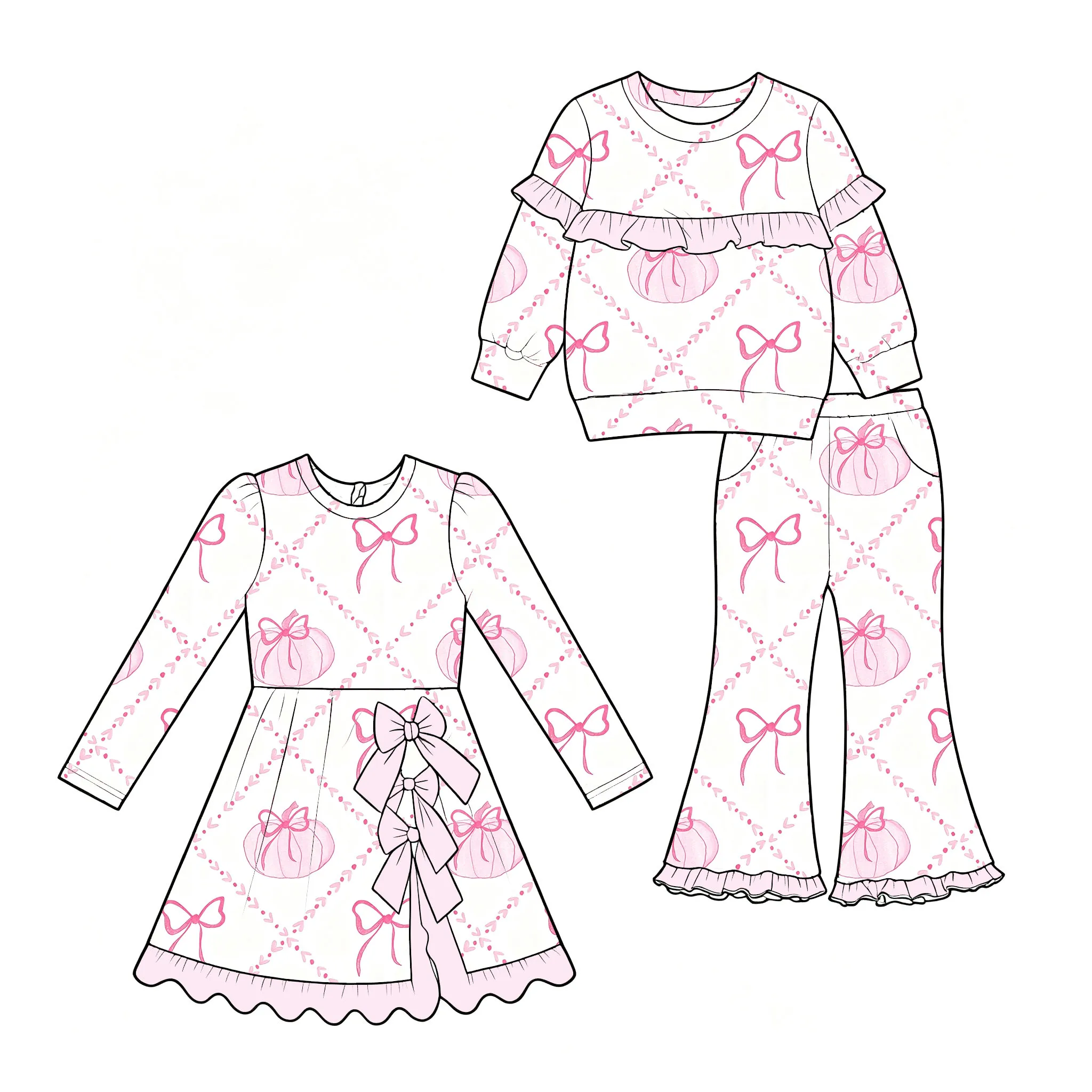 Boutique Girls' Dresses and Sets Long-style Thanksgiving Day Bow Decoration Pumpkin and Bow Print custom