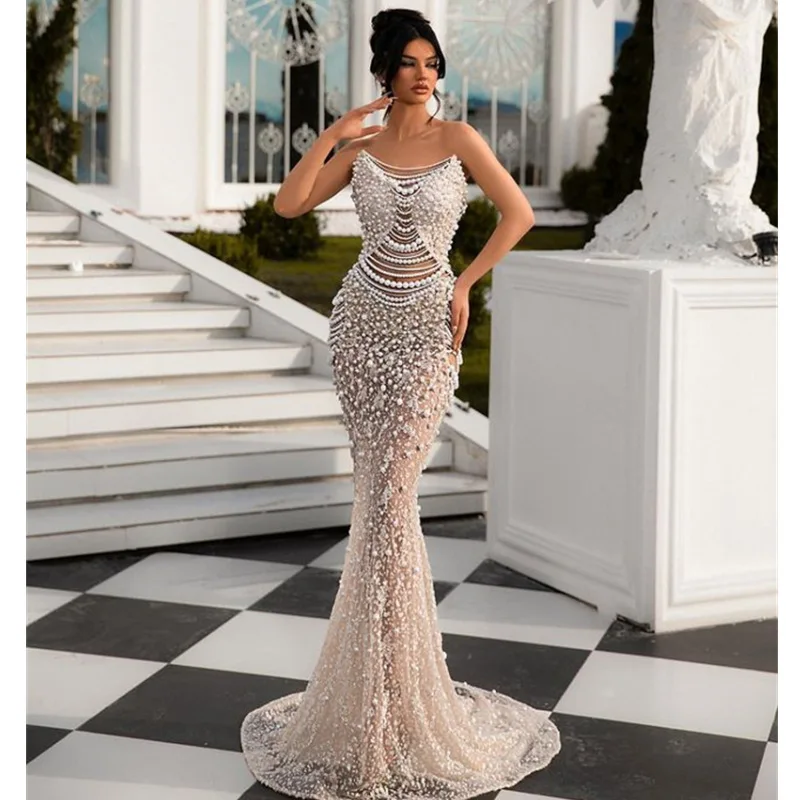 New Arrival Women's Dress Luxurious Pearl Sequin Sheer Mermaid Strapless Dress Elegant Wedding Engagement Annual Party Gown