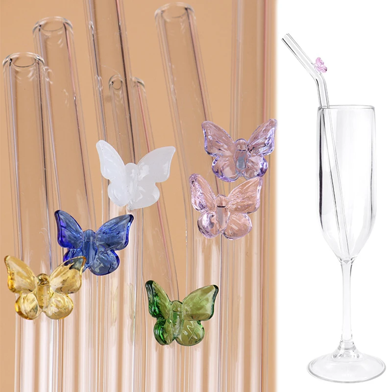 Ensemble de pailles en verre papillon réutilisables, pailles transparentes pour cocktails SmUnvétérans wn, cuillère à soupe à boire, outils de bar amicaux, verres