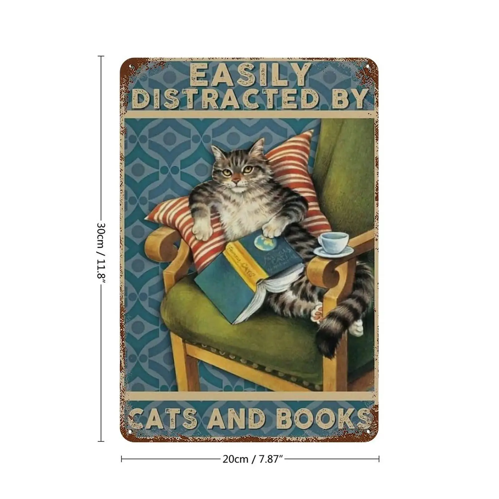 Vintage Tin Sign Easily Distracted By Book And Cat Wall Art Decor Home Decor/Lover Gifts/Wall Decor/Guest Wall Decor Art Sign