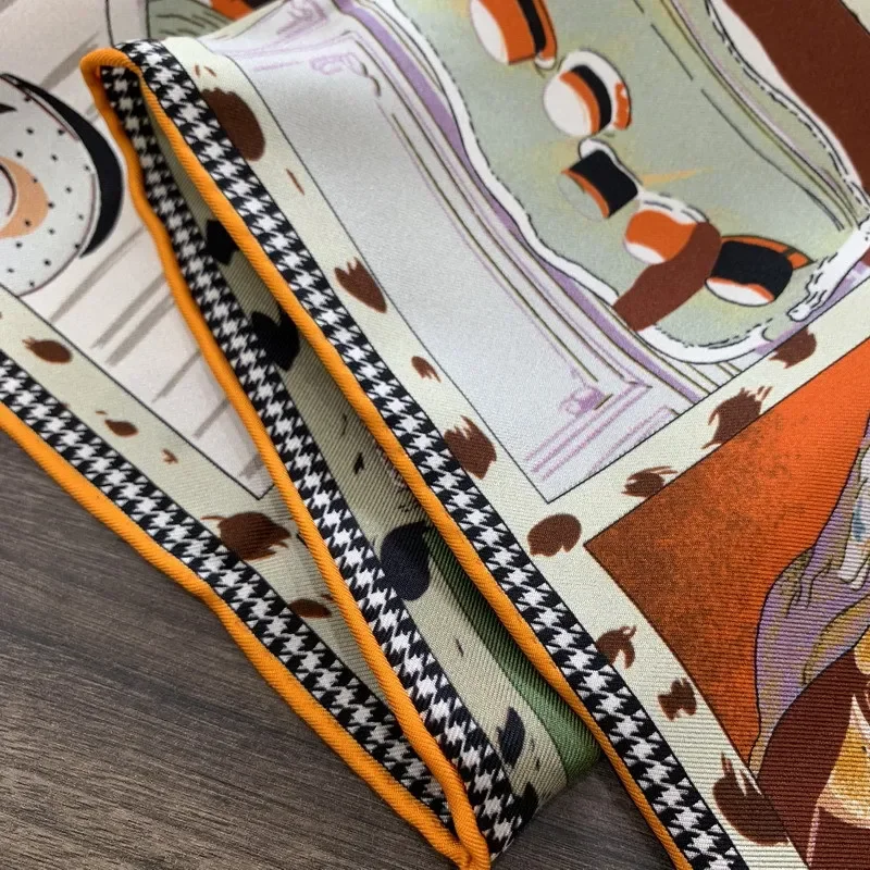 High-end Elegant Women's Exquiste Hat Miss Double-sided Printed Quality 18MM Twill 100% Mulberry Silk Hand-rolled Edge Scarf