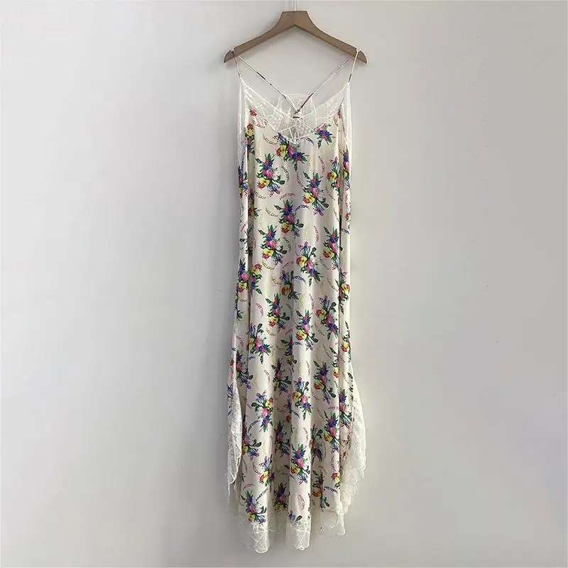 

Zadig Sexy Dresses Women Chic V-Neck Summer Slip Skirt Female Classic Colourful Lace Dress Floral Patchwork Rayon Backless Robes