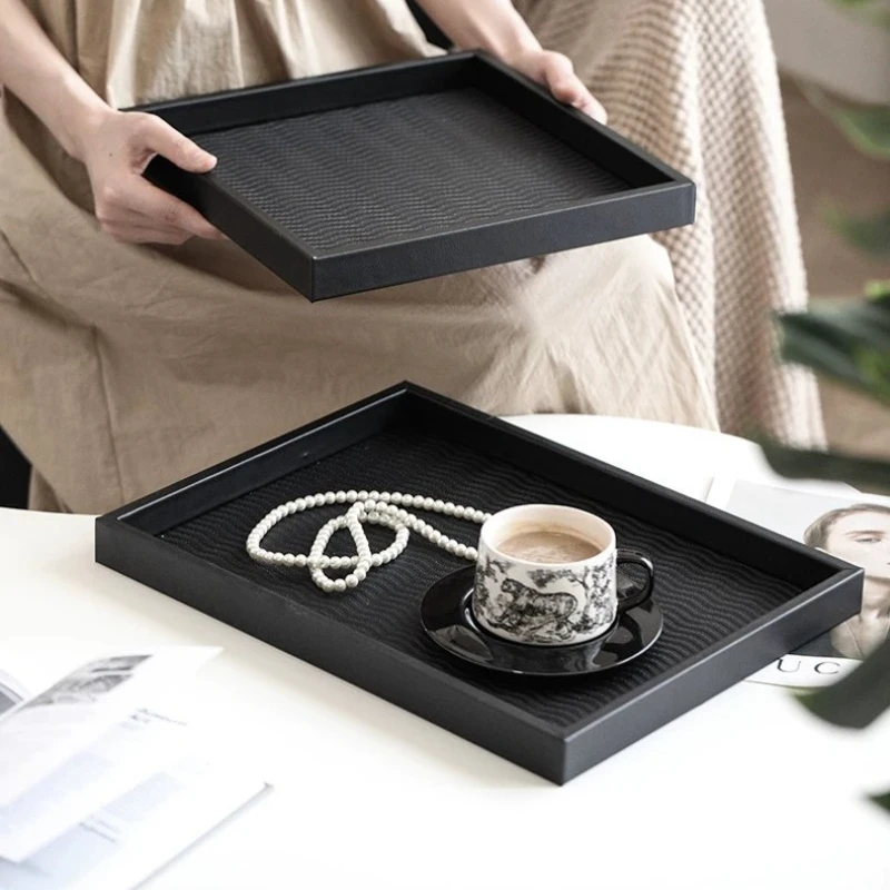 Multifunction Storage Tray Modern Minimalist Home Leather Trays Wooden Ripple Pattern Jewelry Plates Luxury Decorative Tray