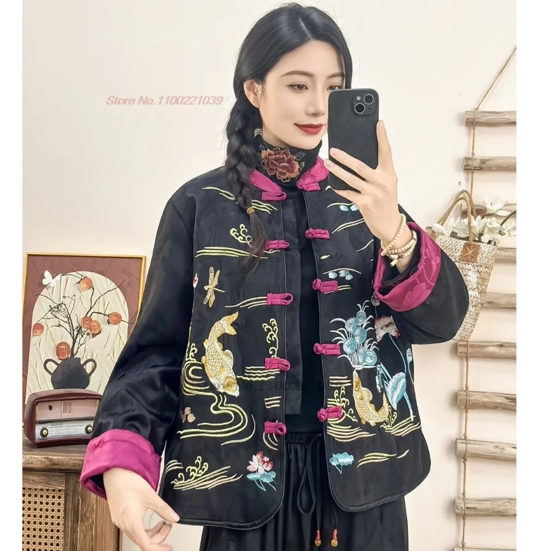 

2025 chinese vintage jacket national flower embroidery folk coat retro cotton-padded jacket oriental traditional coat hanfu tops