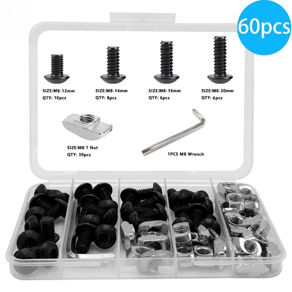 60 Pcs Carbon Steel Round Head Hexagon Socket Bolts Silver M8 T-type Nuts with Wrenches Nut and Bolt Combination Kit Washers Set