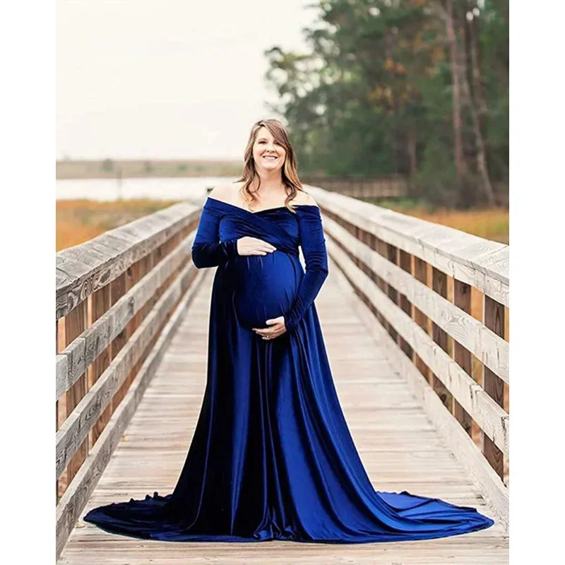 

Meternity Dress Pregnancy Women's Velvet Pregnant V-neck Off-shoulder Tail Cotton Photography Props Clothing