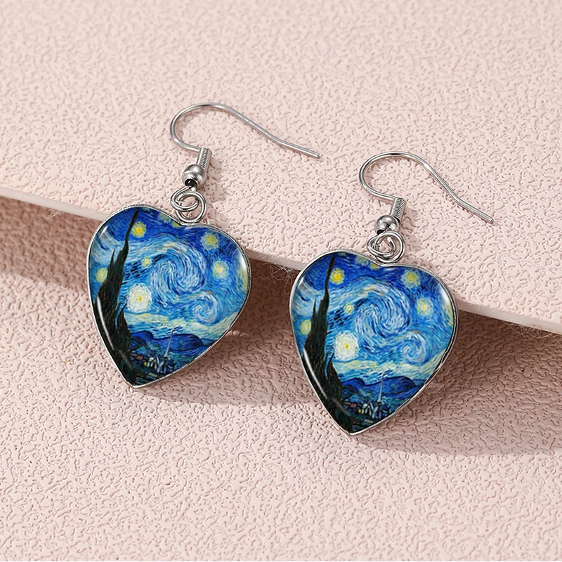 2024 New Starry Night Van Gogh Dangle Earring Heart Shaped Earrings Handmade Glass Dome Jewelry