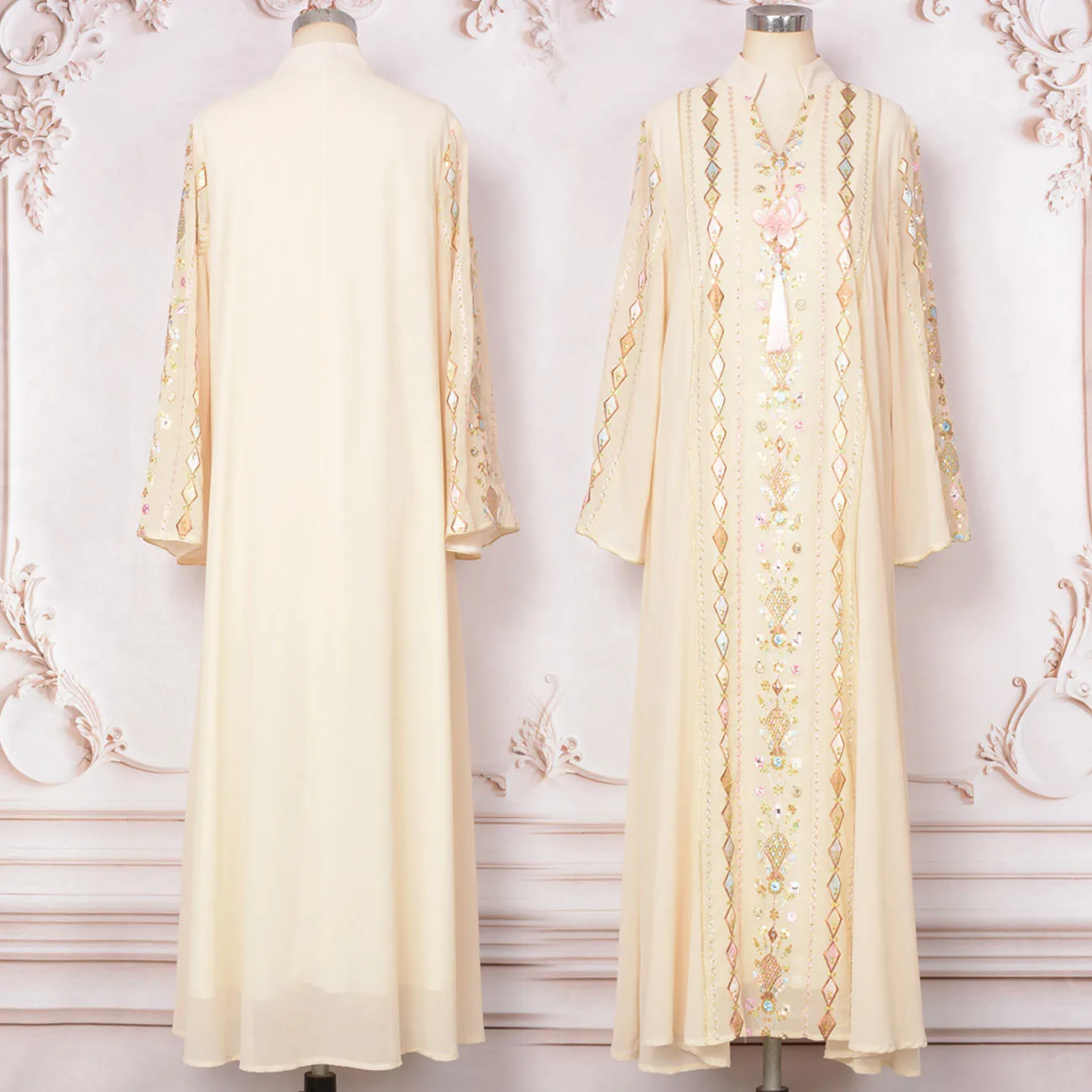 Ramadan Eid Evening Party Sweet Regular-Fit Arab Dress Women Jalabiya Muslim Abaya-Thread Embroidery, Pink Beaded Tassel Pendant