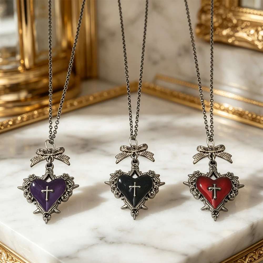 Gothic Style Heart Cross Pendant Necklace, Dark Style Bow Retro Clavicle Chain, Subculture Hot Girl Accessories