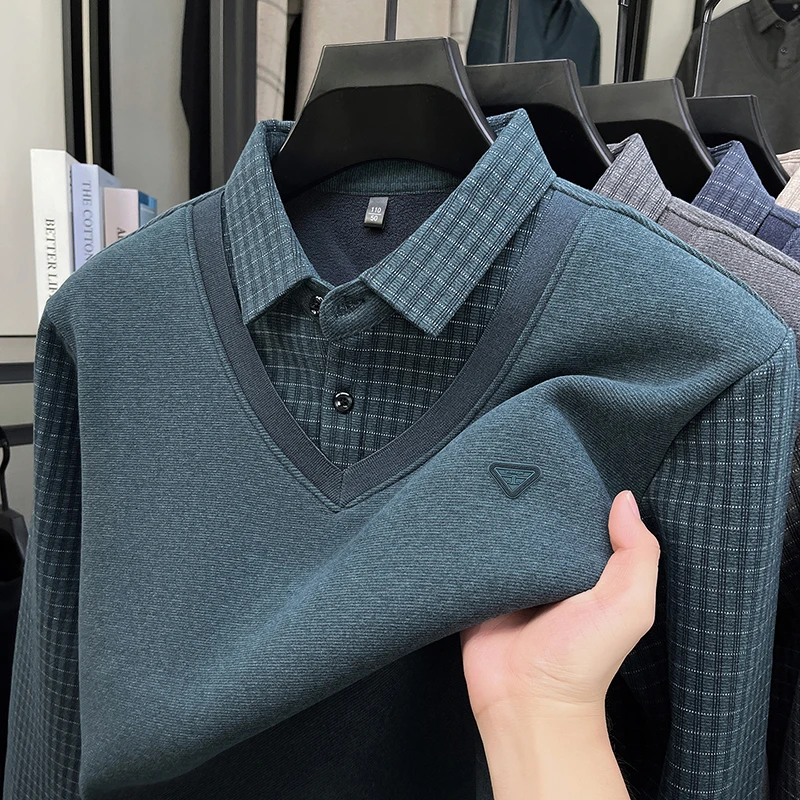 men's autumn winter high quality fleece-lined long sleeves pullover round neck keep warm false two-piece leisure men's clothing