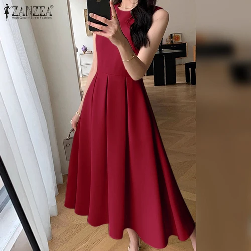 ZANZEA-Vestido plisado sin mangas para mujer, Vestido coreano de corte en A, Vestido veraniego elegante con vuelo, Maxi Vestido largo de fiesta Vintage