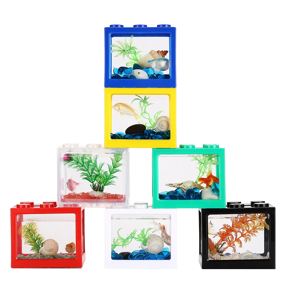 Mini Aquarium Fish Tank Creative Box, Stacked with Building Blocks, Ecological Tank Bucket, Seaweed, Reptile Row Tank