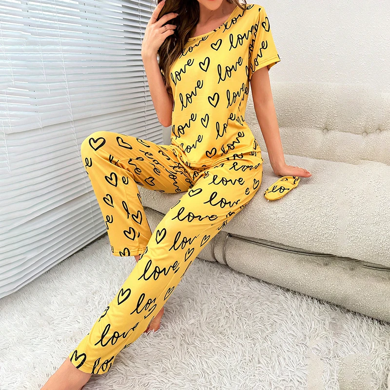 Damen-Pyjama-Set mit Cartoon-Druck, kurzärmelig, Oberteil, lange Hose, weiche, bequeme Nachtwäsche für Damen, Homewear-Pyjama – Detail 36