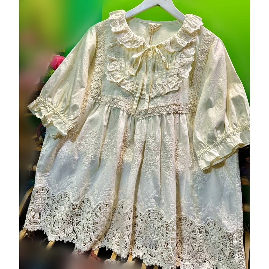 

Women Rococo Victorian Cotton Ruffled Lace Eyelet Pleated Summer Blouse Edwardian Vintage Retro Chic Lolita Sweet Shirt Tops