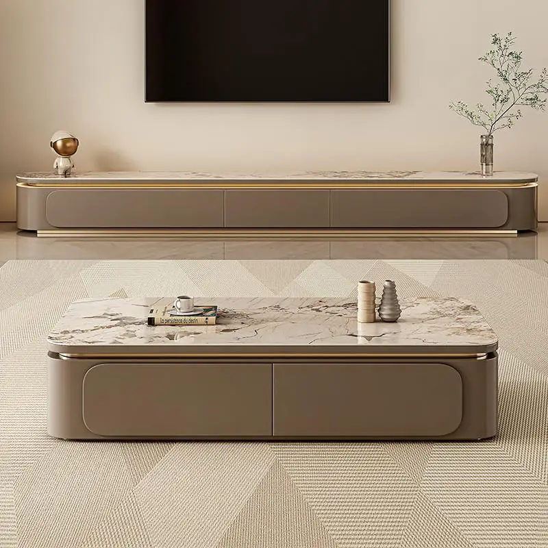 

TV cabinet light luxury rock slab coffee table floor cabinet combination minimalist wabi **** cream