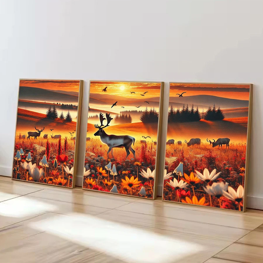 Sunset Wildflowers Deer Picture Diy Diamond Painting Triptych Animals Flowers Full Drill Mosaic Embroidery Kits 3 Pieces/Set