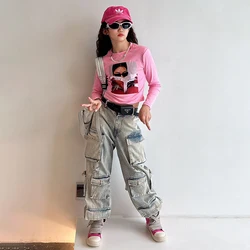 Girls' Autumn Jean Trousers Trendy Loose Straight Multi-pocket Cargo Denim Pants Kids Jeans For Outdoor Kids Clothing Street Set