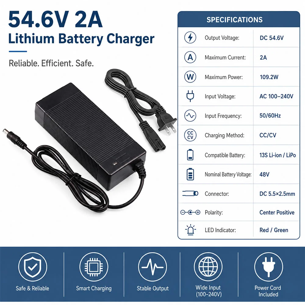 Ładowarka sieciowa 54,6 V 2 A 4 A do akumulatorów litowo-jonowych 48 V 13S z wtyczką DC 5,5 x 2,1 mm / 5,5 x 2,5 mm — zdjęcie produktu 4