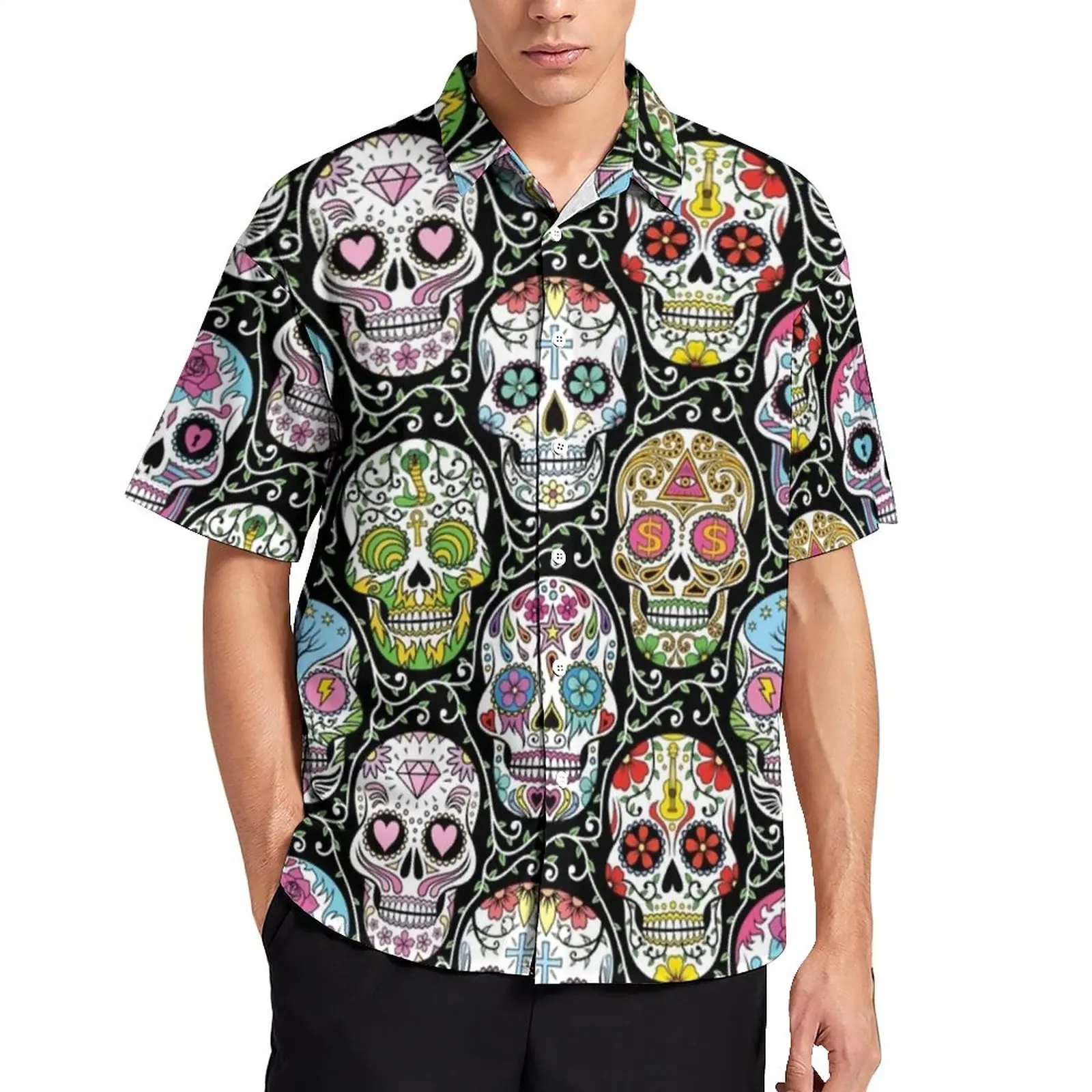 Colorful Skeleton Casual Shirts Mexican Sugar Skull Vacation Shirt Summer Vintage Blouses Mens Print Plus Size