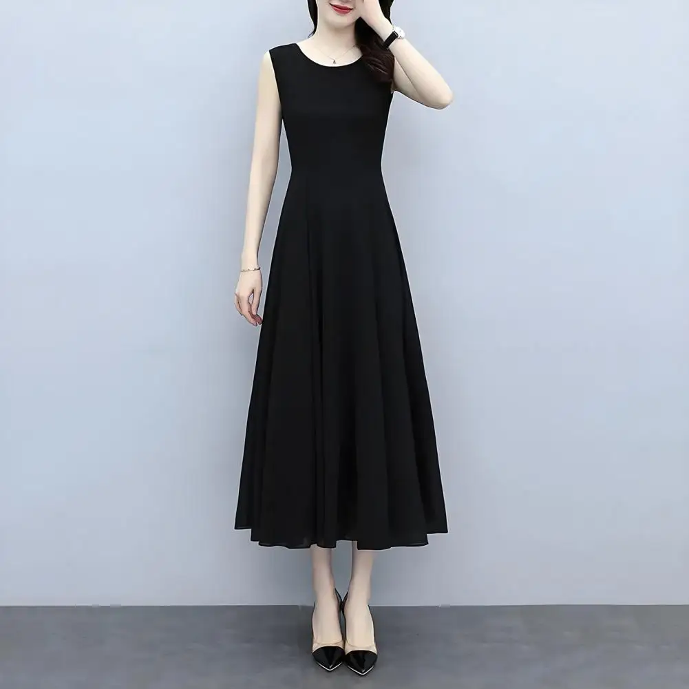 女性ノースリーブミディドレス夏クルーネック流れるロングドレスビーチカジュアルプリーツスイングタンクドレス