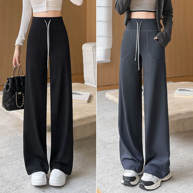 Calça de ioga feminina com cordão reto, calça de cintura alta com pernas largas flácidas, casual, varredora de chão esportivo, novo, 2023