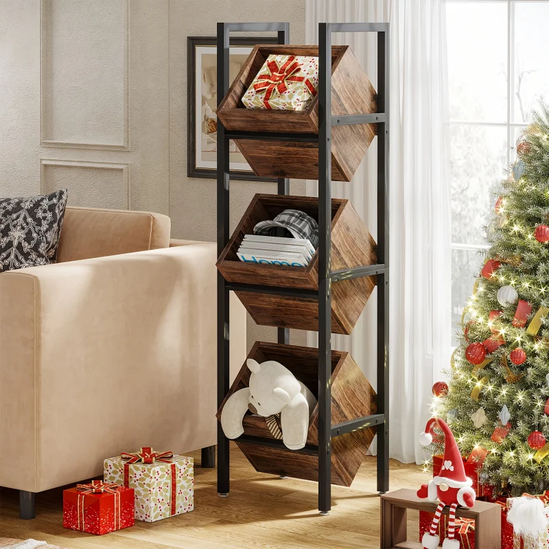 Small Tree 3 Layer Country Wood Basket Support，With Black Metal Frame - for Kitchen、Bathroom、Multifunctional Storage Tower in Li