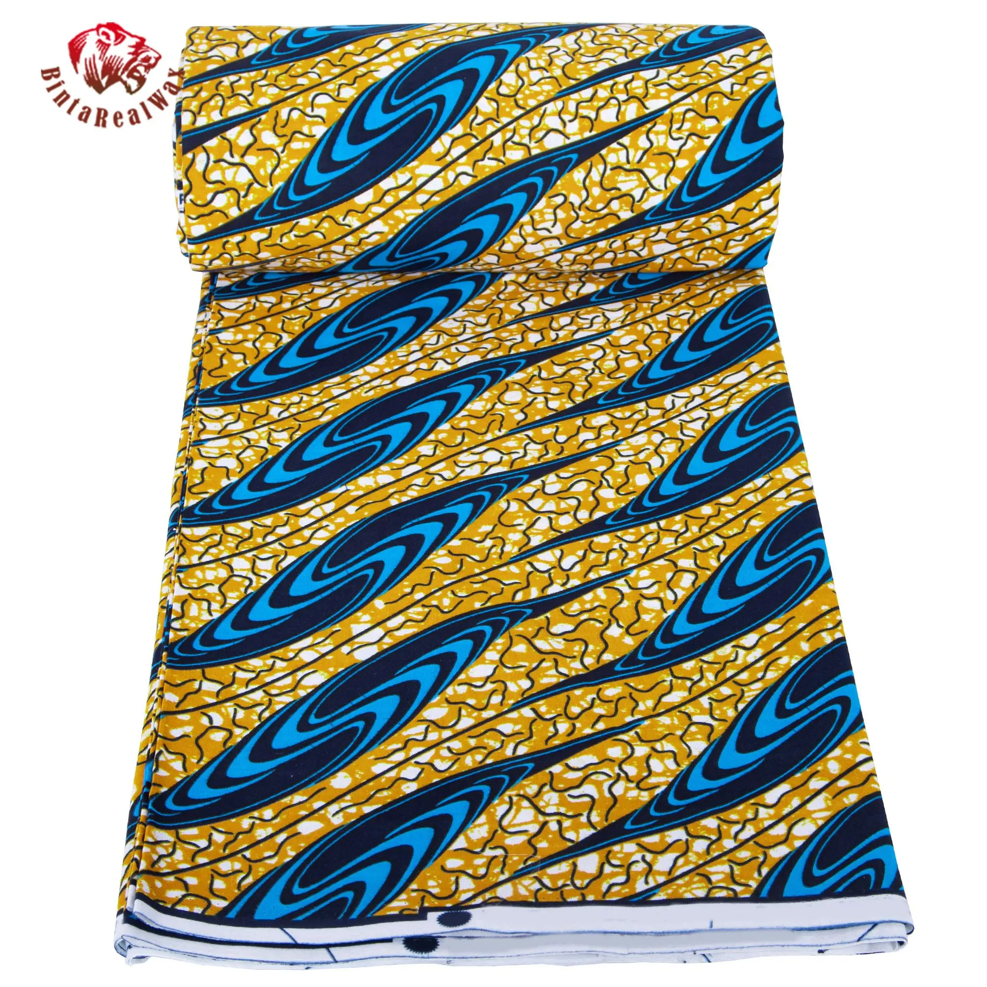 Vibrant Blue & Yellow Wave Design African Wax Print Fabric, 100% Cotton Ankara Material for Fashion Dresses 24FS1607 view 5