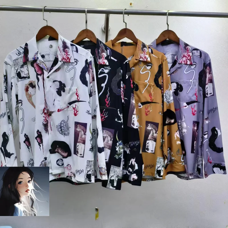 Full Night Ghost Graffiti Print Y2k Shirts Autumn Men Women High Quality Casual Loose Hawaii Beach Long Sleeve Shirt