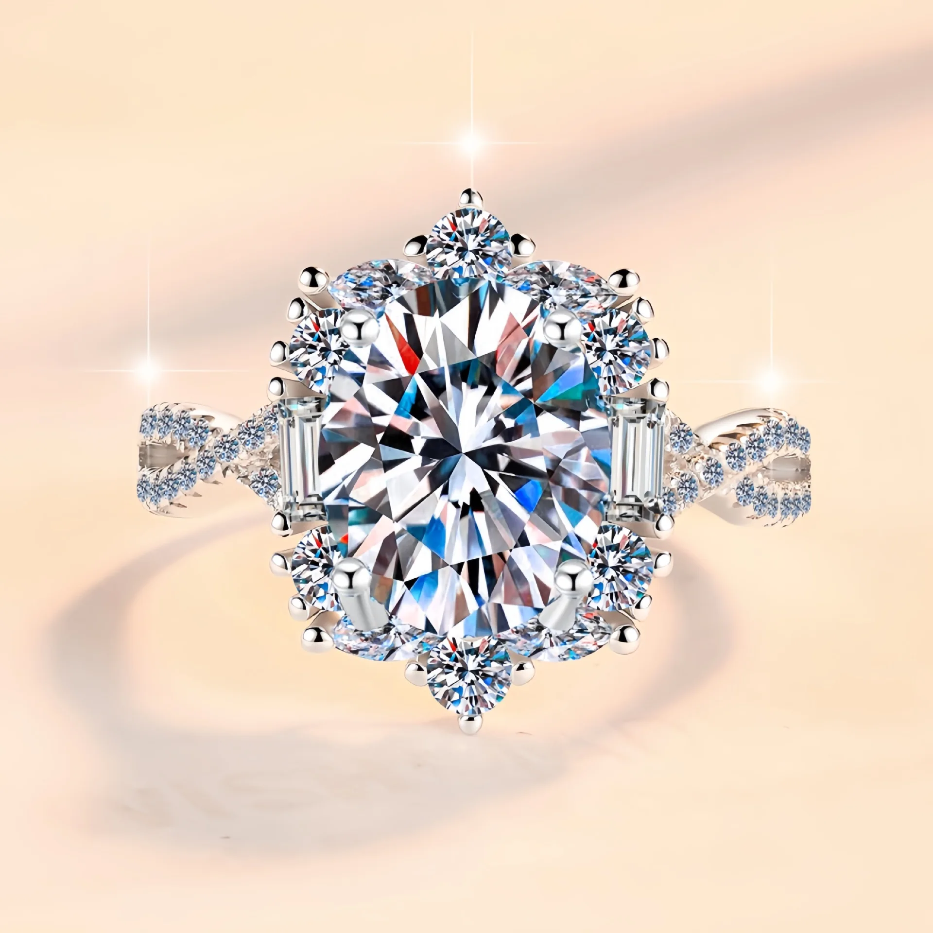 Romantic Gift Oval Floral Twisted Shank Ring 2 Carat For Women Moissanite PT950 Platinum Commemorative Present