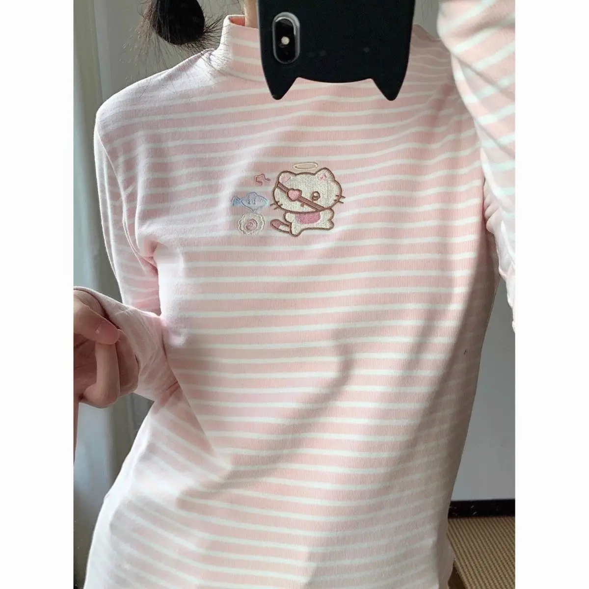 

Japan Cute Embroidered Half Turtleneck T-Shirt Versatile Bottoming Shirt Soft Girl Long-Sleeved Student Top T-Shirt Autumn