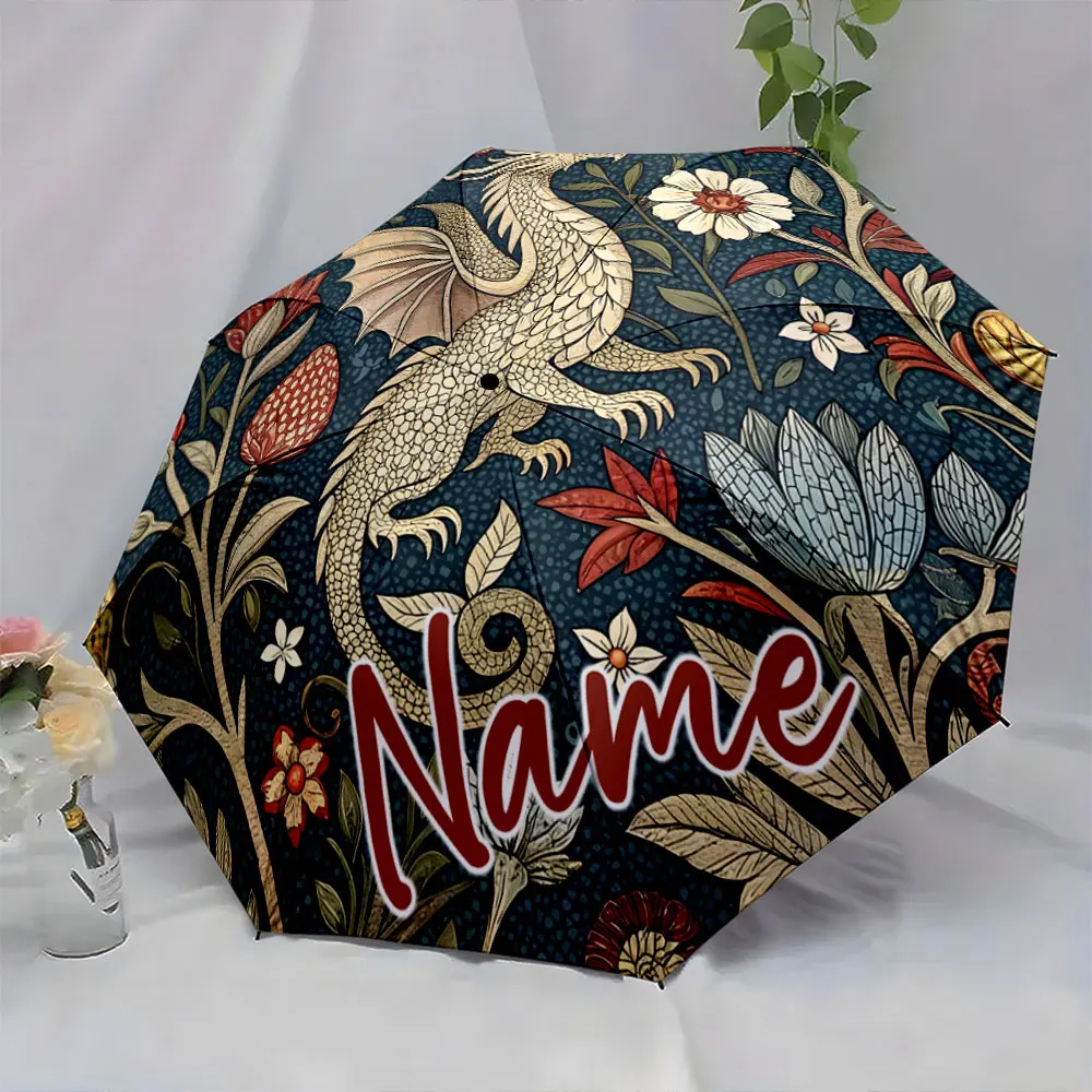 Custom Name Umbrella Dragon and Floral Design Umbrella Print 8 Iron Ribs Folding Umbrella Auto-Open Fashion Sunshade