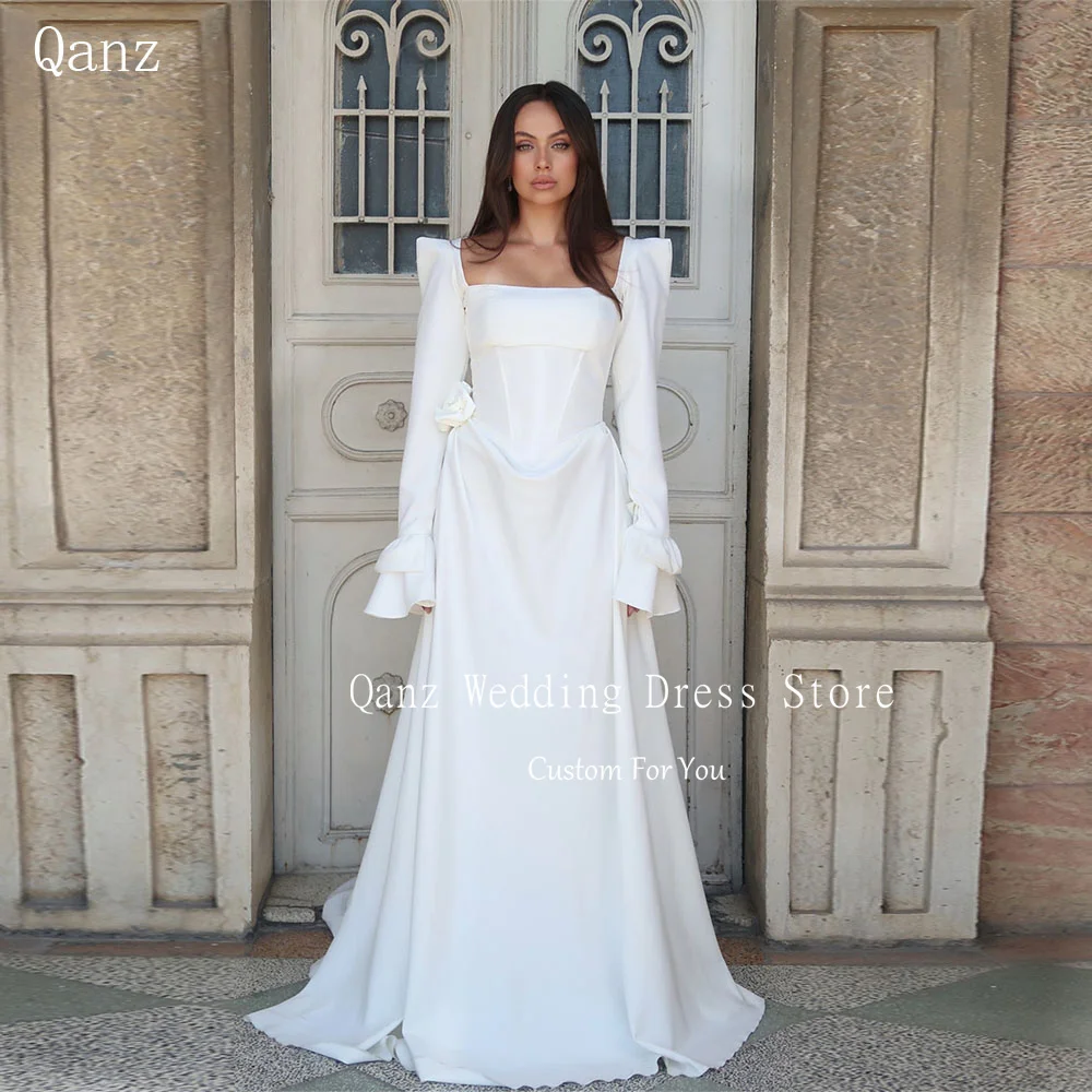 

Qanz Minimalism Wedding Dresses Women Full Sleeves White Satin Vestido Boda Civil Long A Line Robe Blanche Femme Customized