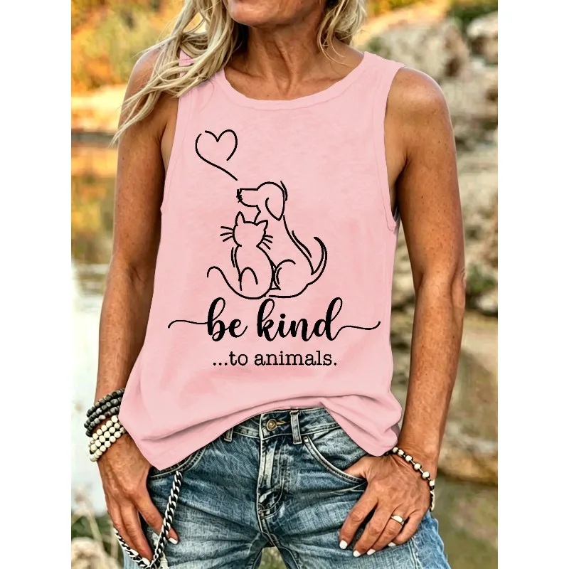 ilstile Women's Be Kind to Animals Dog Cat Print Tank Top Summer Casual Round Neck Sleeveless Tops Black White Tees New Arrival