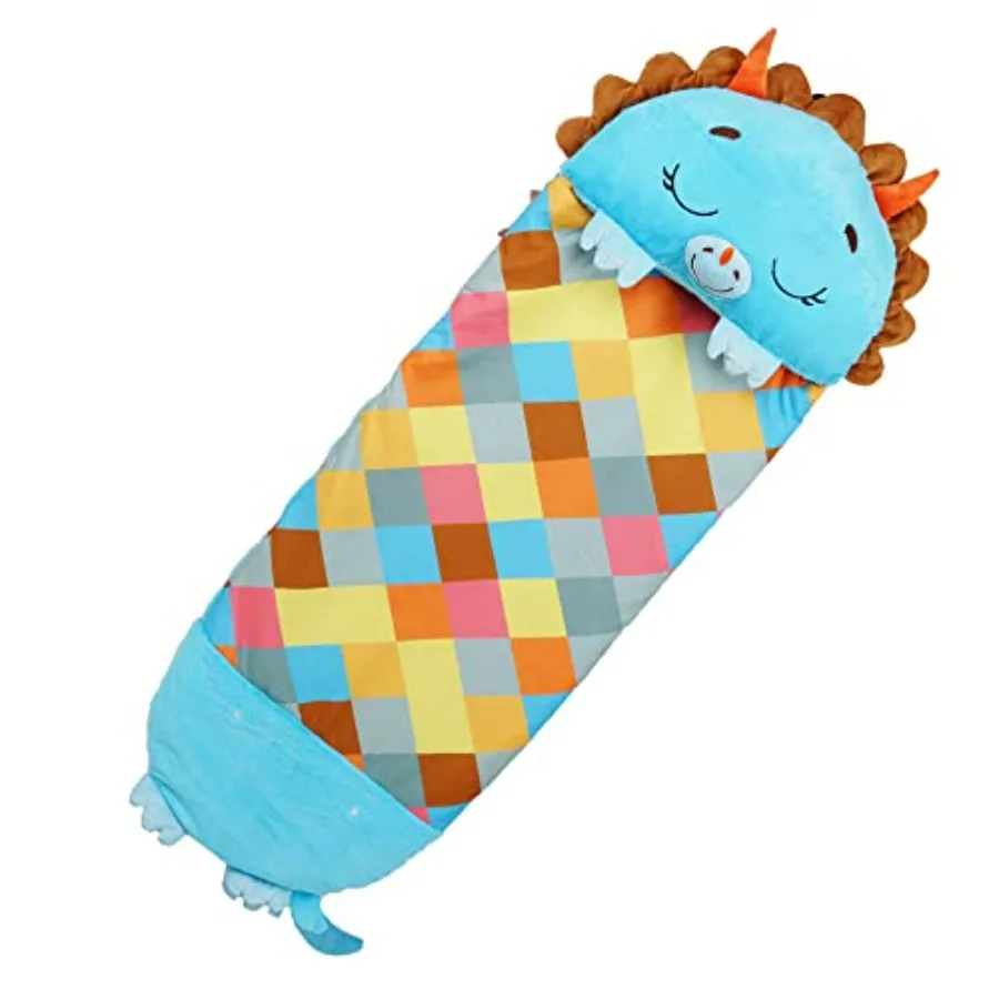 

Sleeping Bag with Pillow for Travel Camping- Triceratops Print, Polyester Fabric, Green/Brown, Ultra-Soft, Warm, All-Season, Co