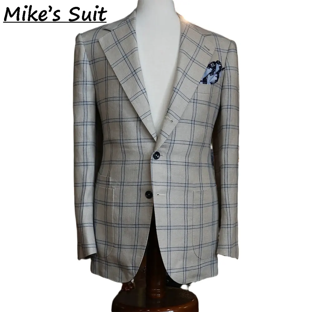 Men Light Beige Windowpane Check Linen Blazer Single Breasted Summer Italian Casual Sport Coat