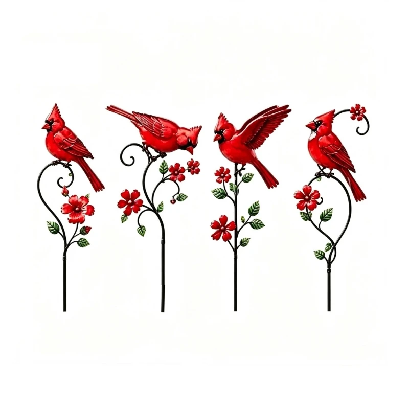 Metal Bird Garden Stakes Set of 4 Piece, Red Yard Stakes with Bird and Design for Lawn, Soil, Front Yard and Outdoor B03E
