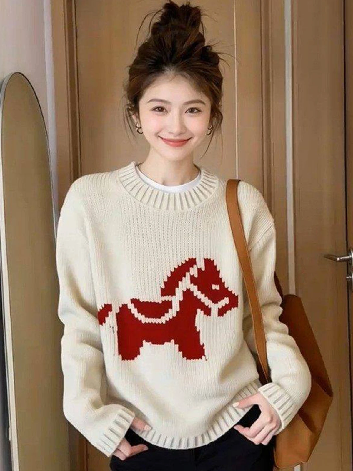 

Свободный корейский женский вязаный свитер с круглым вырезом, пуловер для осени и зимы, модный, стройнящий, универсальный, удобный трикотаж