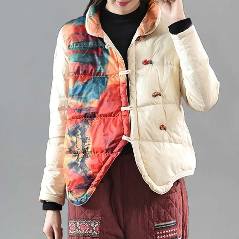 Vintage Coil Button Print Patchwork Down Cotton Jacket Winter Women Cropped Jacket Warm Coat Lightweight Coat Long Sleeve Parkas