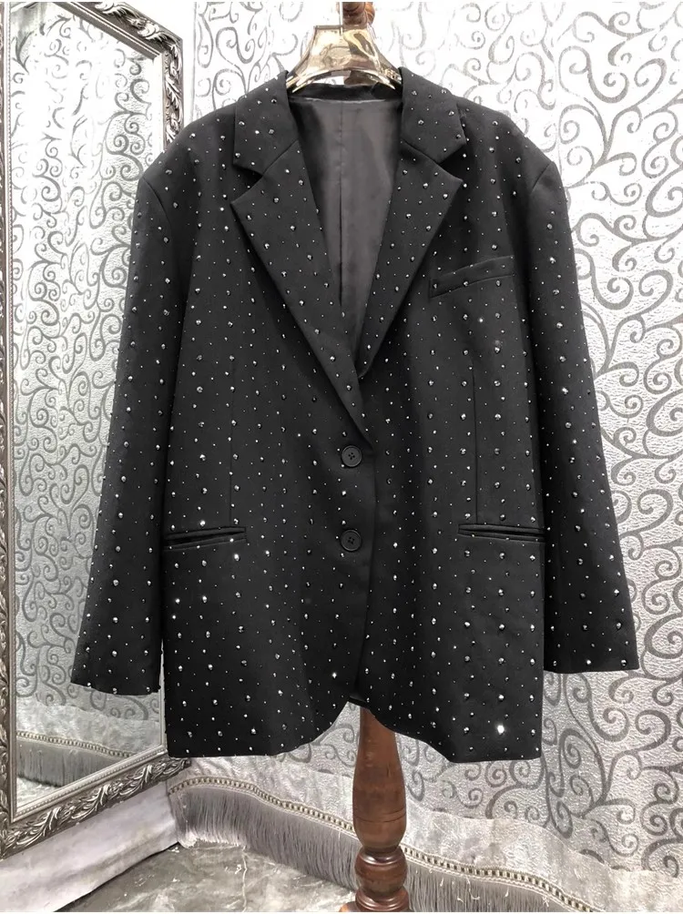 

Tops Fashion New Blazer Coats 2023 Autumn Winter Blazer Outwear Women Studs Beading Deco Long Sleeve Casual Black Blazers Female