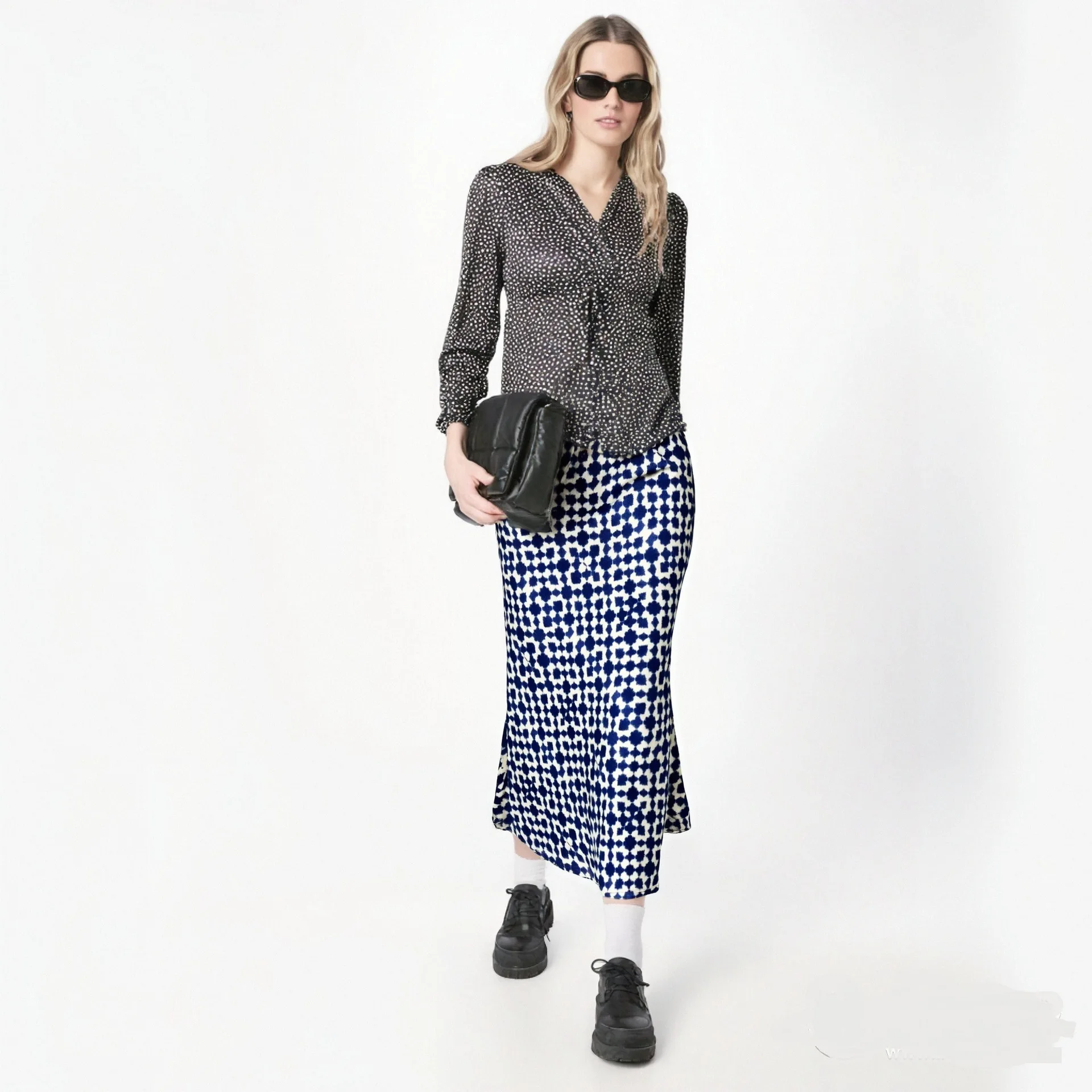 Dave&di Skirt Woman Clothing Faldas Skirts Simple And Fashionable Blue And White Geometric Pattern Fish Tail Skirt