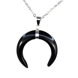 Crystal Crescent Moon Stone Pendant Necklace For Women Men Natural Amethyst Lapis Lazuli Black Agate Silver Color Chain Jewelry