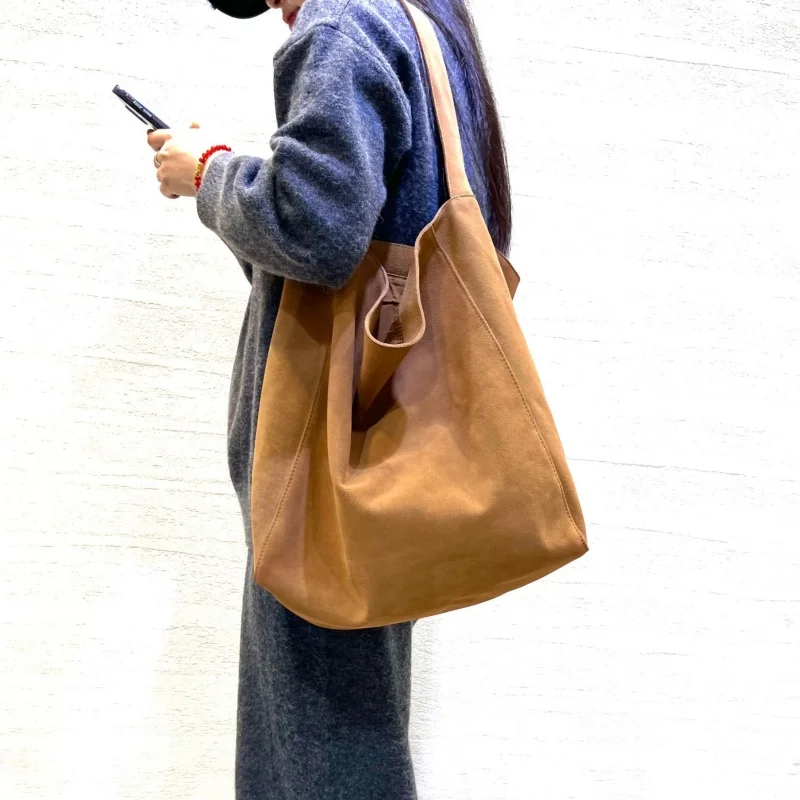 Reverse Velvet Cowhide Tote Bag Handbag For Women Commuter Large Caipacity Shopper Shoulder Bag Lady Lazy Style Durable Big Bags
