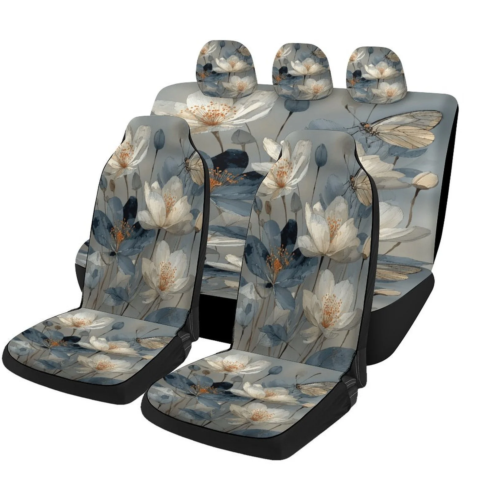 Butterfly Floral Art Car Seat Covers Set - Breathable Polyester, Universal Fit For 2 Front & Rear Seats, All-Season Decorative P