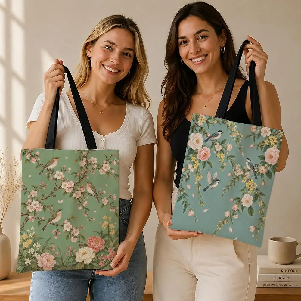 Beautiful Floral Pattern Flower and Bird Pattern Printed Storage Bags shopping bag Canvas  bag work school reusable